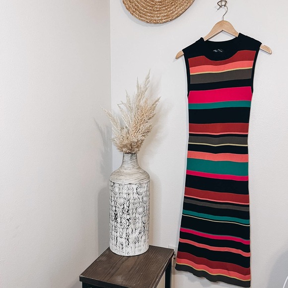 New York & Company Rainbow Boho Striped Knit Bodycon Maxi Dress Size XL - Picture 1 of 6